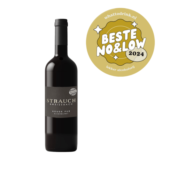 Een fles Strauch Rouge Pur Bio met een stijlvol zwart etiket en het logo Best No & Low 2024.