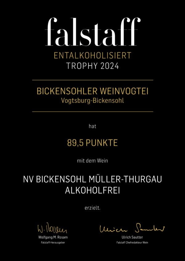 Bickensohler Müller-Thurgau werd in de Falstaff competitie voor alcoholvrije wijnen beloond met maar liefst 89,5 punten. Dit is het certificaat dat dit resultaat toont.