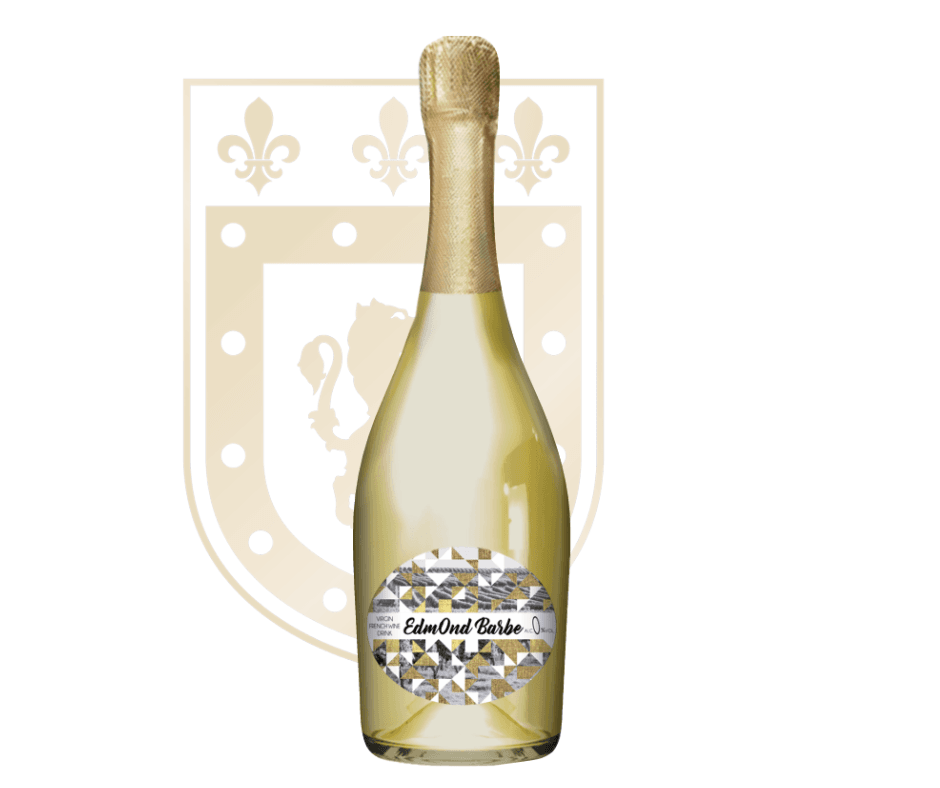 Een fles Edmond Barbe, alcoholvrije bubbels, waarbij goud de boventoon voert.